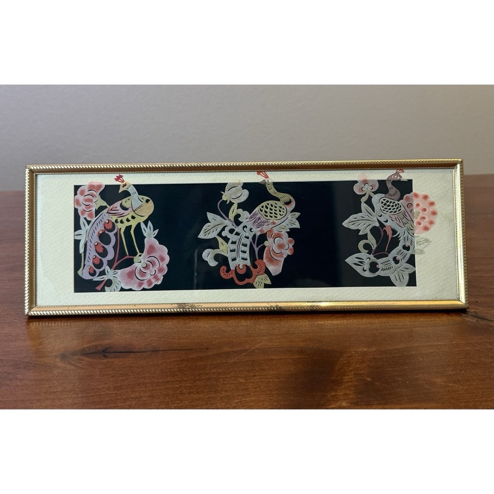 VTG 1960s Chinese Jianzhi Paper Cut Art Peacocks Flowers Framed Folk Asian Art